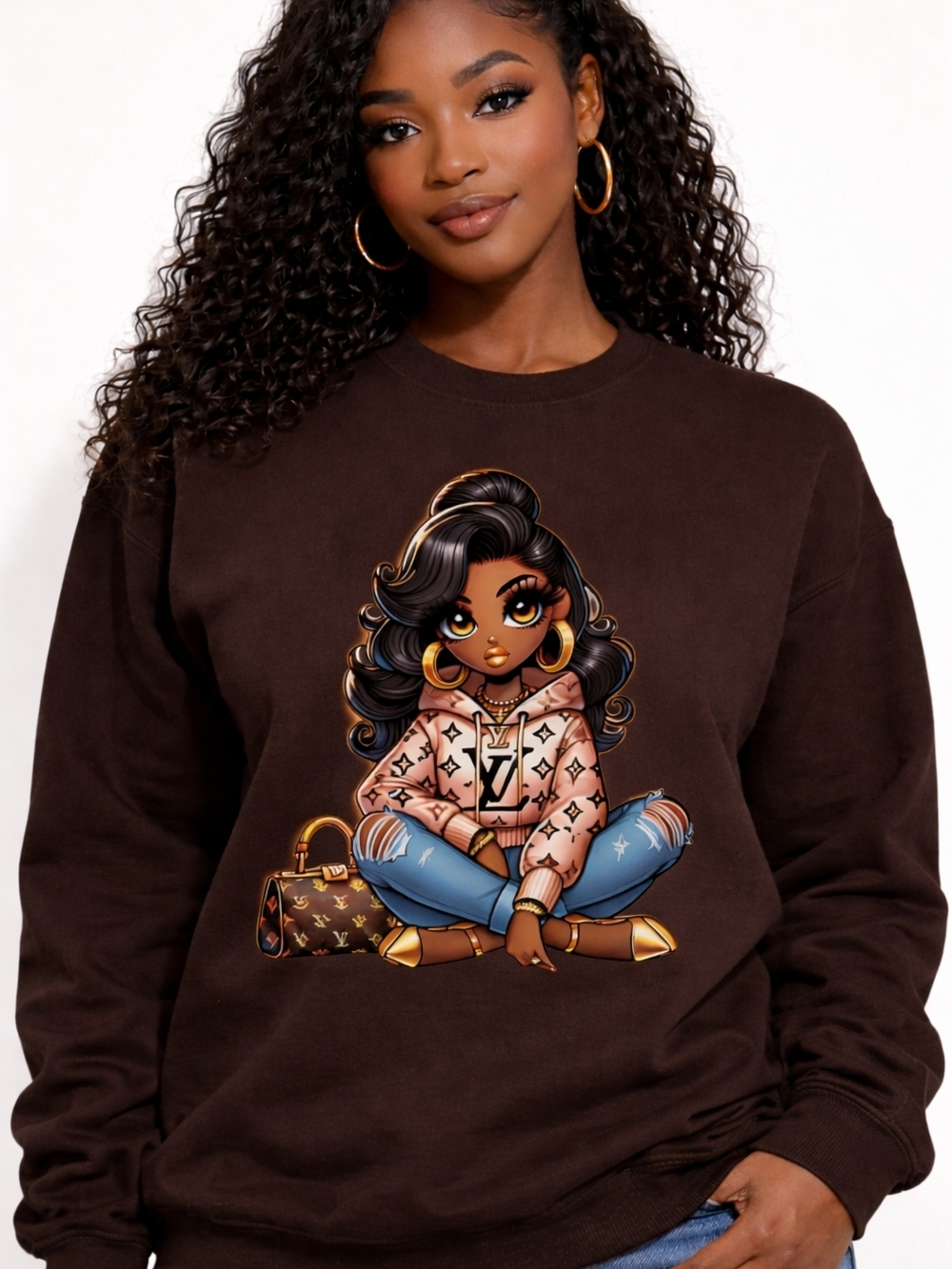 Gildan Brown Graphic Sweatshirt with Fashion Doll Illustration